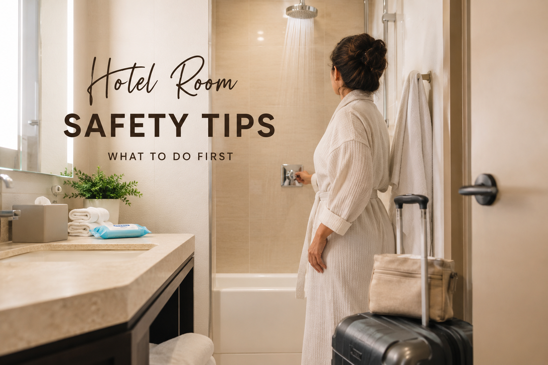 Traveler letting the hotel shower run before use as part of hotel room safety and cleanliness tips
